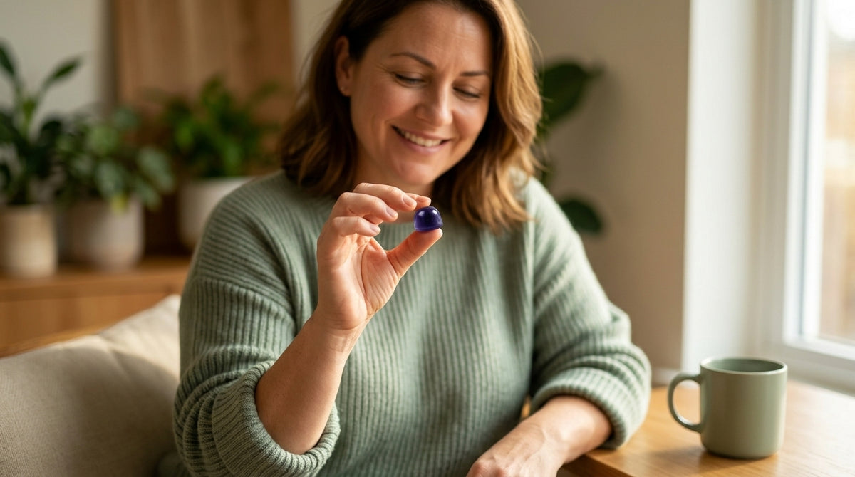 Woman taking a DailyBioLabs GLP-1 Body Shield gummy in her kitchen
