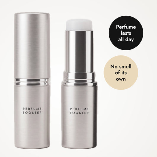 Perfume Booster balm stick, open and closed. Perfume lasts all day, no smell of its own