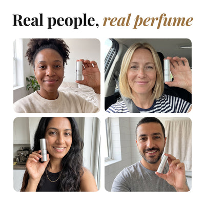 Four people holding the Perfume Booster stick