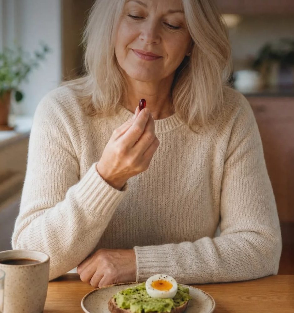 Woman taking a DailyBioLabs softgel with breakfast